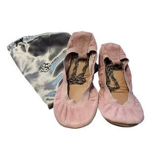 NEW Yosi Samra Ballet Flats Folding Shoes •8• Light Pink Suede With Chains Bag